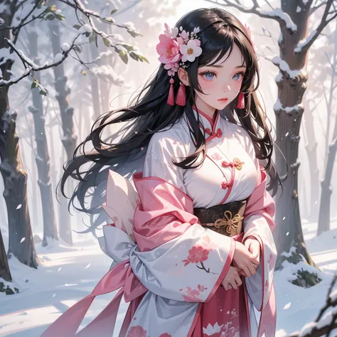 A beautiful girl with black long hair, In pink ancient Chinese clothing , holding a basket full of flowers in a forest covered in white snowstorms. A very strong blizzard The trees were completely covered with white snow, with the sun shining on her face, ...