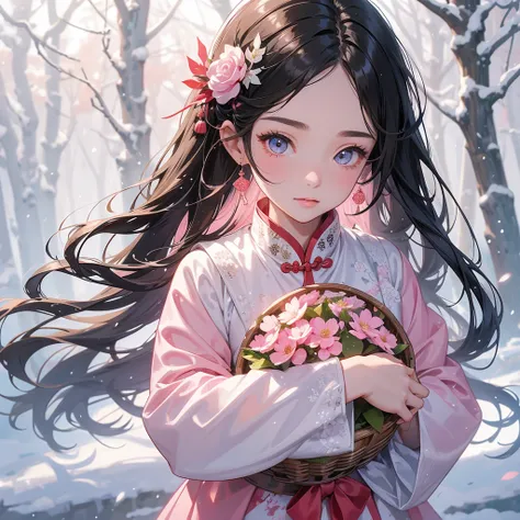 A beautiful girl with black long hair, In pink ancient Chinese clothing , holding a basket full of flowers in a forest covered in white snowstorms. A very strong blizzard The trees were completely covered with white snow, with the sun shining on her face, ...