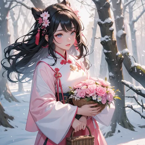 A beautiful girl with black long hair, In pink ancient Chinese clothing , holding a basket full of flowers in a forest covered in white snowstorms. A very strong blizzard The trees were completely covered with white snow, with the sun shining on her face, ...