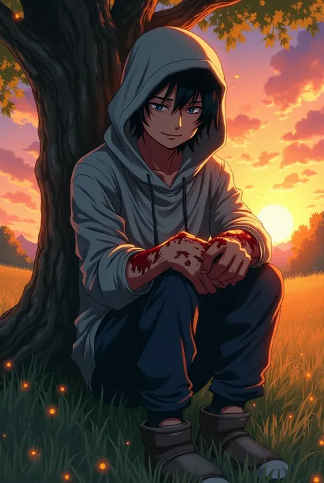 A hooded hero ,injured ,bleeding and panting with a smile under a tree in the anime style of boku no hero 