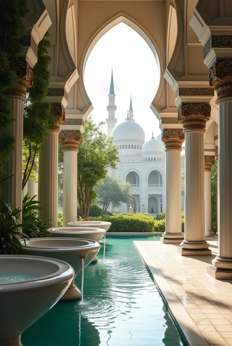   A cover for the ablution area in a beautiful mosque with no one present.