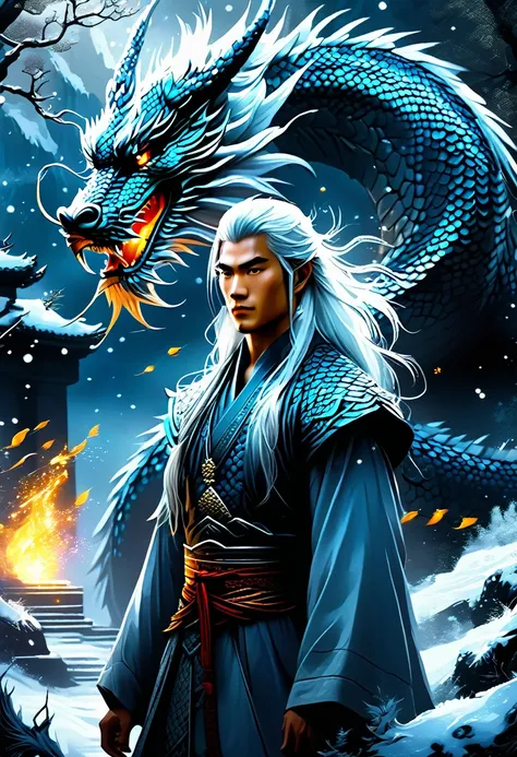 A stunning and mystical scene featuring a young man with long, flowing white hair, dressed in intricate traditional attire. He stands beside a majestic dragon with scales shimmering in shades of blue and grey. The dragon, with fierce yet wise eyes, is coil...