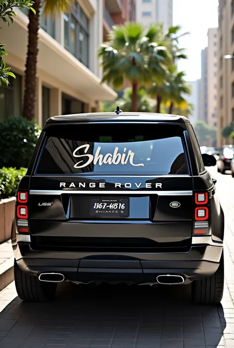 Make a picture of a Rang rover  car if it is written on the rear window of the car SHABIR