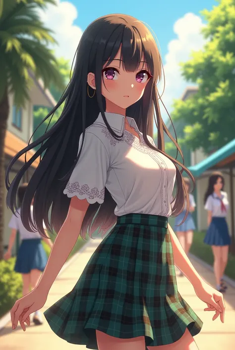 anime with long black hair and wearing a typical Indonesian school uniform 