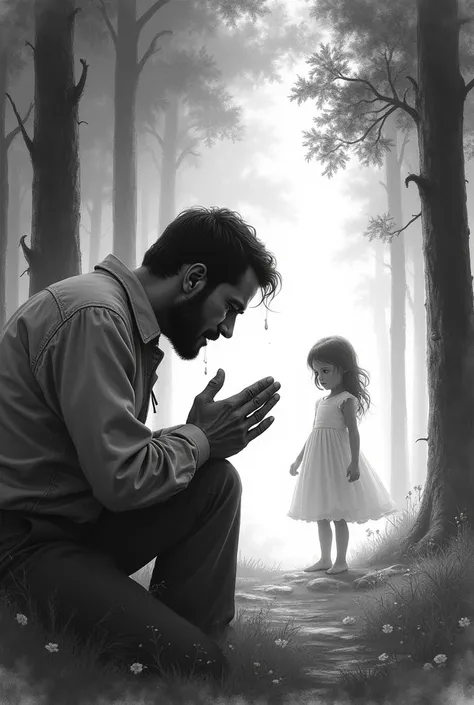 The father crying for his beloved wishing her the best (black and white drawing) 