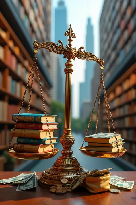 A balance of justice with books on one side and money on the other, representing the balance between education and fair compensation