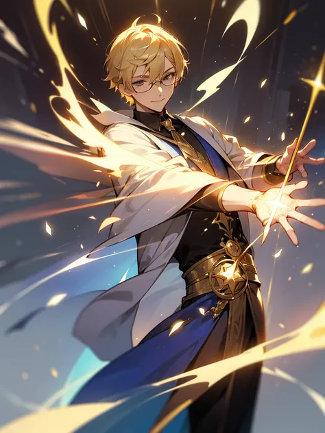 A male，Humanity，Magician，Magic Wand，23 years old，blonde short hair，Glasses，Bright smile，Robe，European style，Stone Pillar，Elemental magic，((dynamic poses))，Rendering，Super details，Upper Body，movie lighting effects，best picture