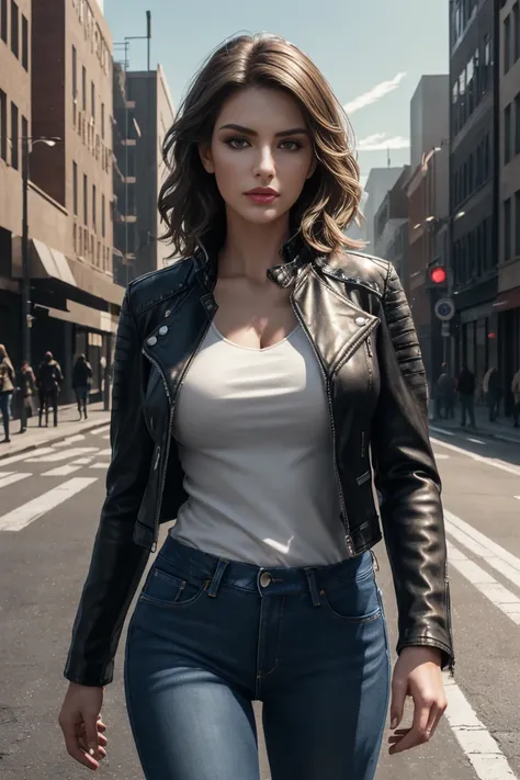 design, interrior, interriordesign Masterpiece, best quality, (highly detailed raw photo:1.2), 8k render in octane, volumetric lighting, volumetric shadows portrait of a woman, (pasionate look), jeans, leather jacket, pullover, walking in city