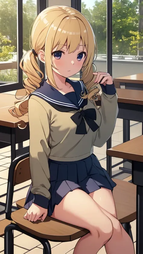 (Extremely detailed CG unity 8k wallpaper,masterpiece, best quality, Extremely detailed),School classroom settings,Sunlight through the trees,a beautiful blonde high school girl with pigtails and curly hair(D cup),in her hand,Fiddling with her smartphone,B...