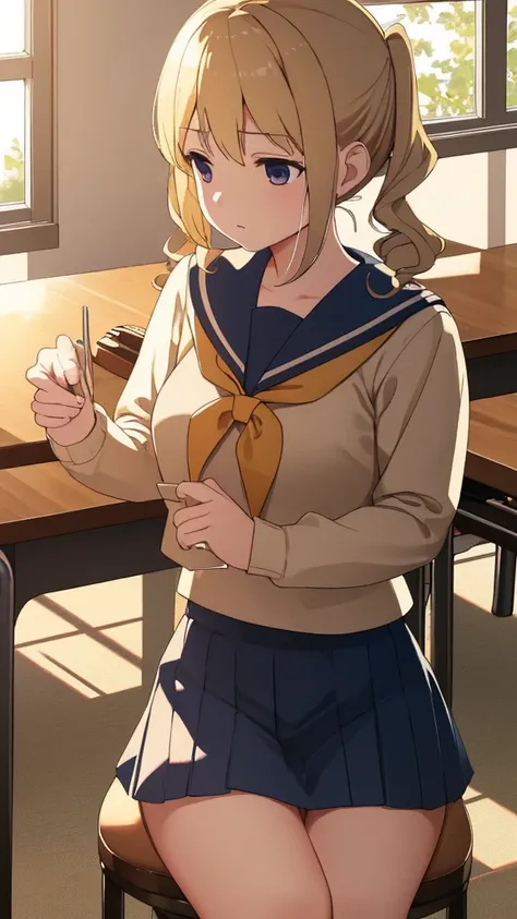 (Extremely detailed CG unity 8k wallpaper,masterpiece, best quality, Extremely detailed),School classroom settings,Sunlight through the trees,a beautiful blonde high school girl with pigtails and curly hair(D cup),in her hand,Fiddling with her smartphone,B...