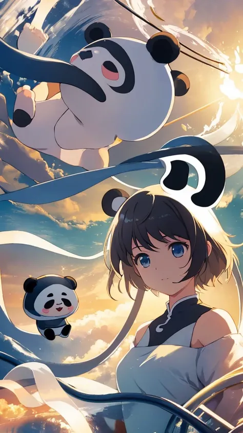 masterpiece, Top quality, Movie Stills, A girl, Floating in the air, cloud女孩, cloud, (close up: 1.1), bright, Happy, pleasure, Soft lighting, (Bauhaus, shape, Wire, Abstract: 1.1), Panda ears