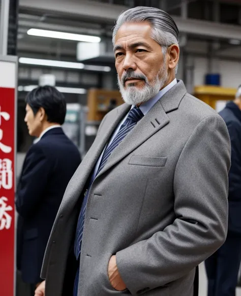 japanese、male、64 years old、gray hair、grey jacket、salesman、thin beard、gentleman、obstinacy