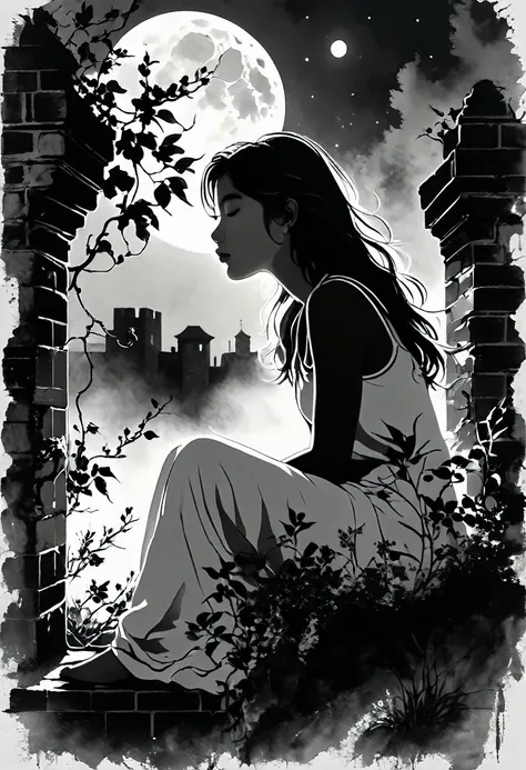 ArsMJStyle, Zen Ink Wash Sumi-e, flowering honeysuckle vine growing up a crumbling brick wall, silhouette of a  young girl sitting on top of the wall, backlit by an enormous moon, monochrome, greyscale, minimalistic, white background, no humans, nature, tr...