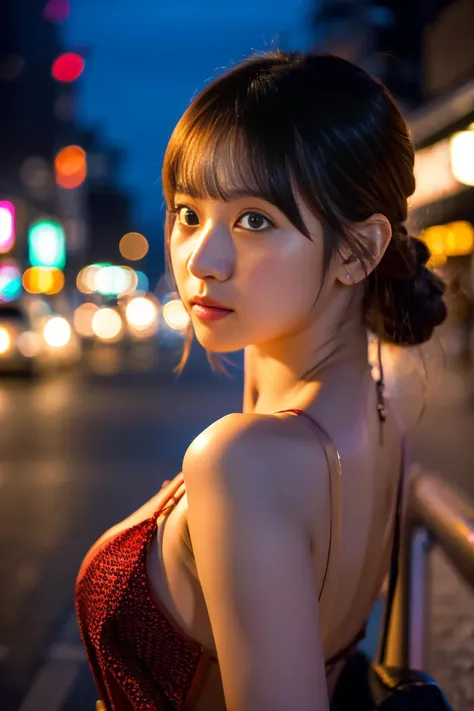 single girl, summer, city, osaka street, evening, city lights, upper body, close-up, 8k, raw photo, highest quality, masterpiece...