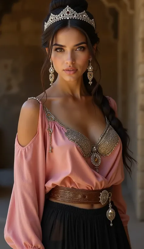 Front view, looking at viewer, 1 century, 1 women ,Herodian , Arabian , Jewish girl  30  years old, (dark brown hair chignon, serious, gold earring, gorgeous neckless with jewel,  tiara with diamond,  black see-through hood, ),(C cup breasts, slender  whis...