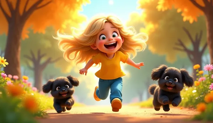 Image of a cheerful girl, with blonde hair,yellow shirt and blue pants for kids in Disney Pixar style,running with 2 small black shih tzu puppies 3D Pixar style