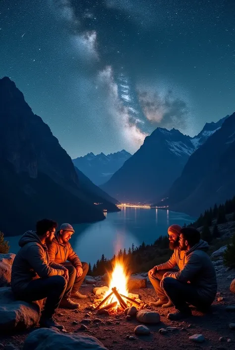 The image shows three men sitting around a campfire in a mountainous landscape, under a starry night sky. They are dressed in warm clothes and are in a makeshift camp. Around it, the warm light of the fire contrasts with the cold tone of the night. The dar...