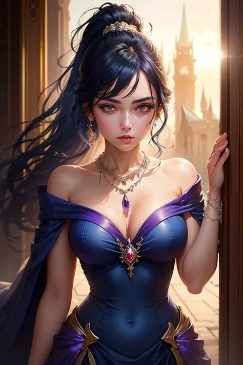 1 Girl, solo, beautiful,dark blue hair, ponytail, amethyst crystal eyes, royal dress, amethyst crystal necklace, cold gaze, mysterious, royal castle, crystal castle, crystal palace