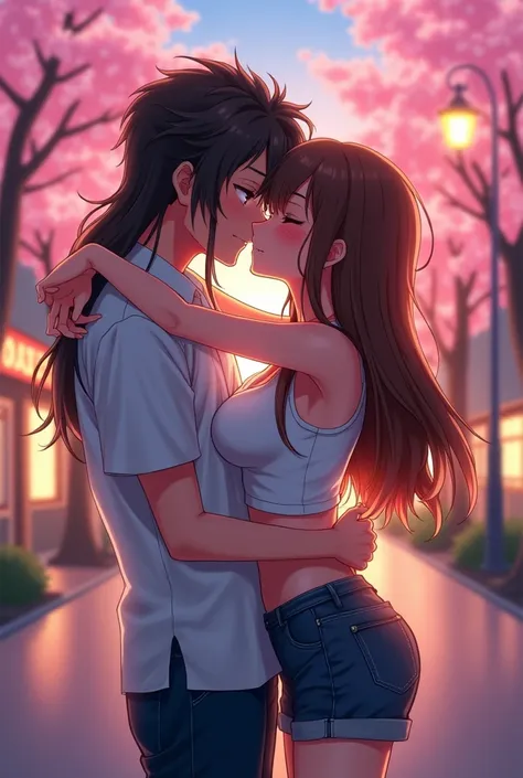 Handsome big huge long brown haired boy hugging a sensual girl in shorts and crop top with long brown hair and long bangs anime style full body standing in love kissing