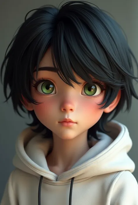 Close up, 15 year old boy with shoulder length black hair and green eyes wearing white hoodie epic realism ,3d render
