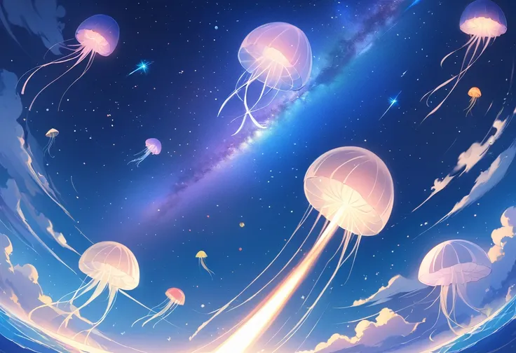 Milky Way, rocket, jellyfish, shooting star, Cute art. Little, Digital Art. Pleasant tranquility, more