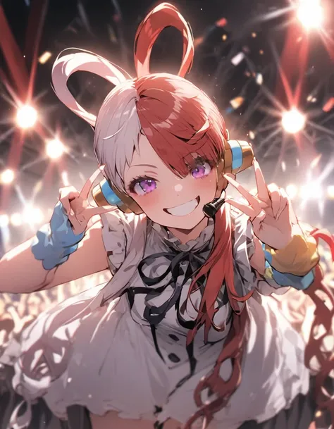 masterpiece、1 girl, uta, red and white hair、((stand microphone))、smile、live stage background、lots of spotlights, (focus on the f...