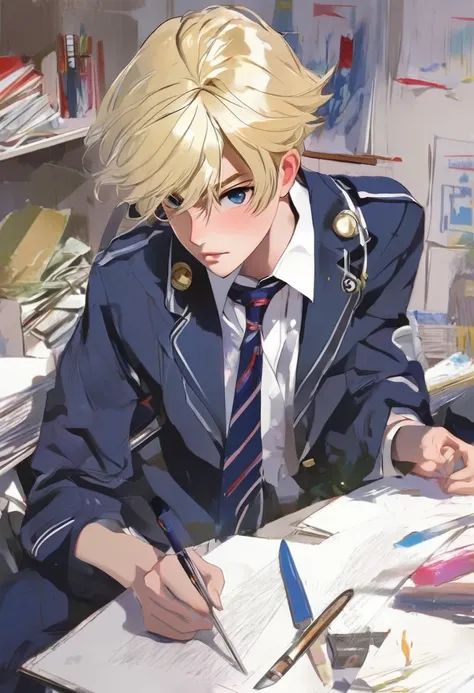 a be illustrator, anime , Realistic ,sketch , school uniform、Blonde、knife、male