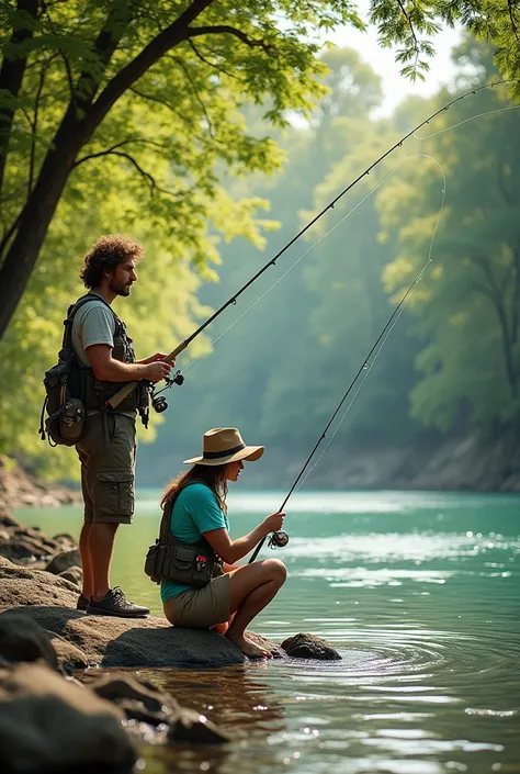 Clear water river three people fishing