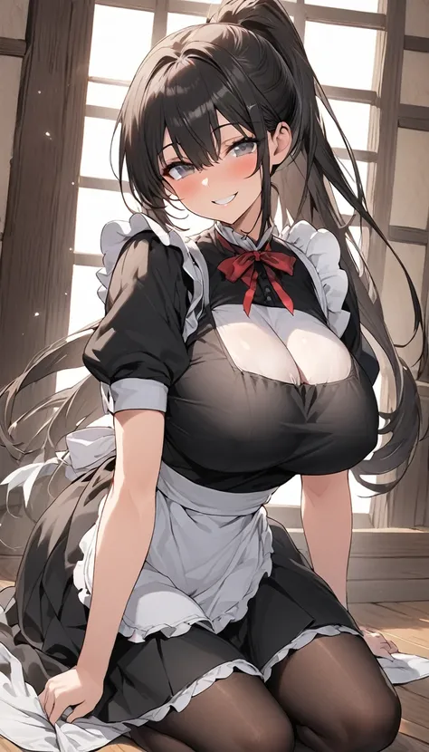 One Woman、beautiful girl、maid、20-year-old、ponytail、Western-style building、maidの、Calm look、Drooping eyes、柔らかなsmile、A motherly expression、Baby Face、頭にmaidカチューシャ、Short skirt、Black Pantyhose、Ultra-high definition image quality、Highest quality, smile,Big Breast...