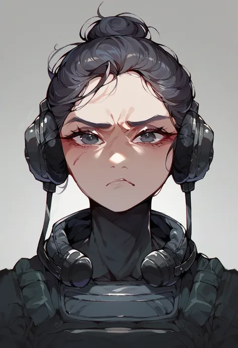 score_9,score_8_up,score_7_up, neck hold pov, asian older woman Special Ops in black tight tactical stealth suit, slight wrinkles. headphones, serious expression, shushing, one messy bun with dark greying hair, grey eyes, empty dark millitary base,