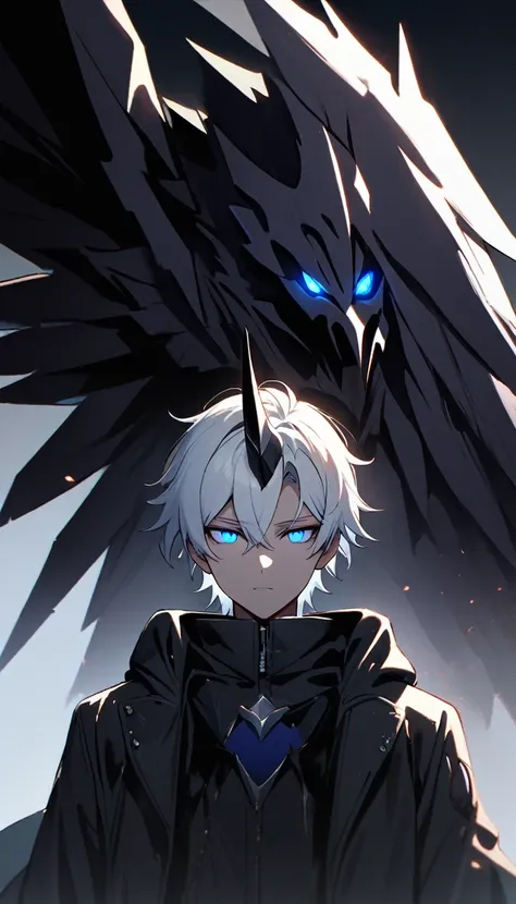 one horn, one dark wing, emotionless, cool, 1 male teenager, white hair, blue eyes, staring coldly, black coat, glowing eyes