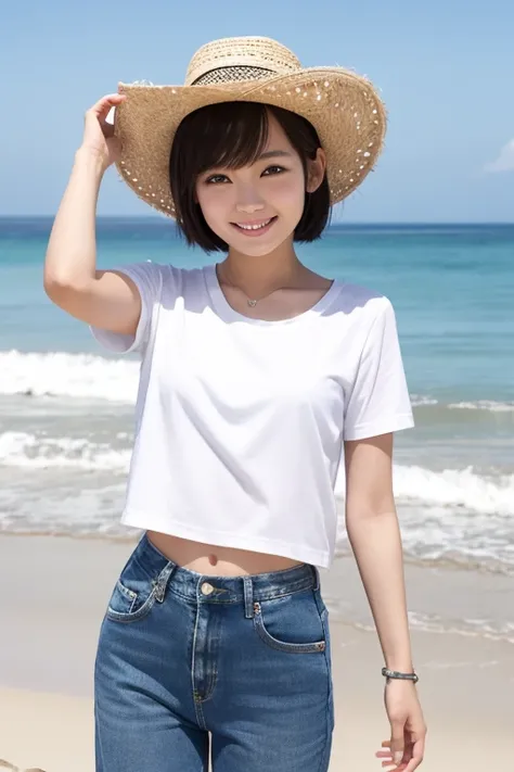 1 japanese woman, short hair, wearing white tunk top, short denim, at beach, cowboy shot, smile