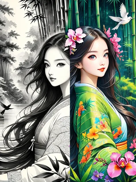 One beautiful female dancer, Floating clothes, Flowing long hair,Dynamic poses,

((bamboo forest))，[[[orchid]]]，[[[bird]]]，Works should be rendered in pencil sketch style，Transition from black and white on the left half to bright colors on the right half，E...