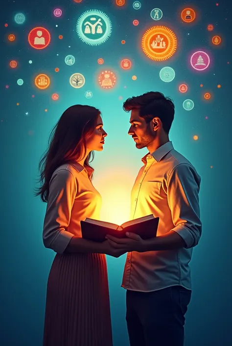 Hình ảnh chính: A man and a woman standing together, Each person holds a book and reaches out towards the symbols of development. (Business, family, society).
Colour: Use bright colors, Inspiring like blue and orange.
Key messages: "Equality in Education, ...