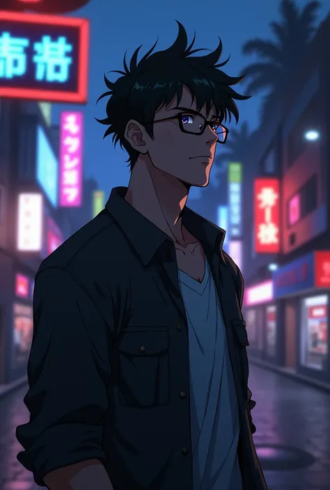 Muscular anime handsome boy wearing square glass with a moody look