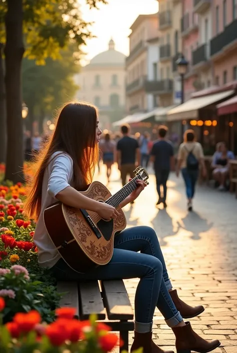 Draw a person sitting on a bench in a city square playing a guitar. 