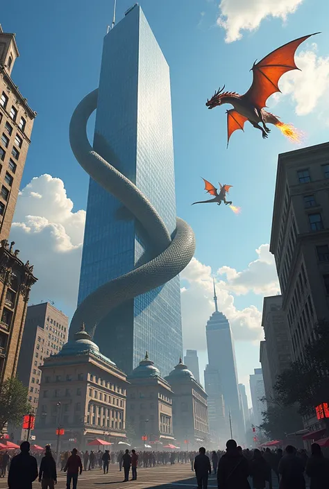 Snake with two Dragon into a skyscraper
