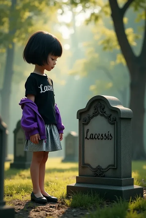 1 girl,short hair,a black short-sleeved shirt that says Lacessis,purple jacket,A silver skirt,black high heels,poses, looking at the grave that says Lacessis with sadness. 