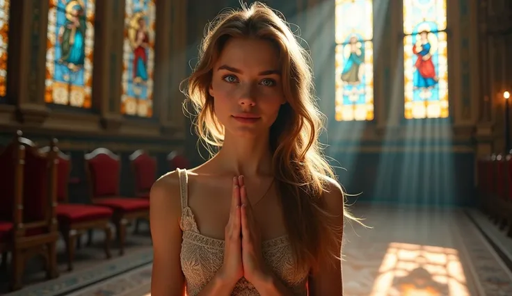 ((best quality)), ((masterpiece)), (detail), perfect face, panoramic photo of a young russian woman praying with her hands together in church, woman with V-line face and blue eyes, clear face, church scene with intricate details, shimmering and magical lig...