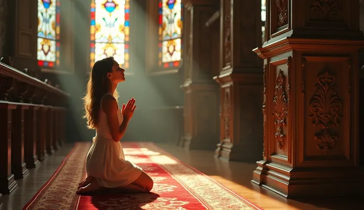 ((best quality)), ((masterpiece)), (detail), perfect face, panoramic photo of a young russian woman praying with her hands together in church, woman with V-line face and blue eyes, clear face, church scene with intricate details, shimmering and magical lig...