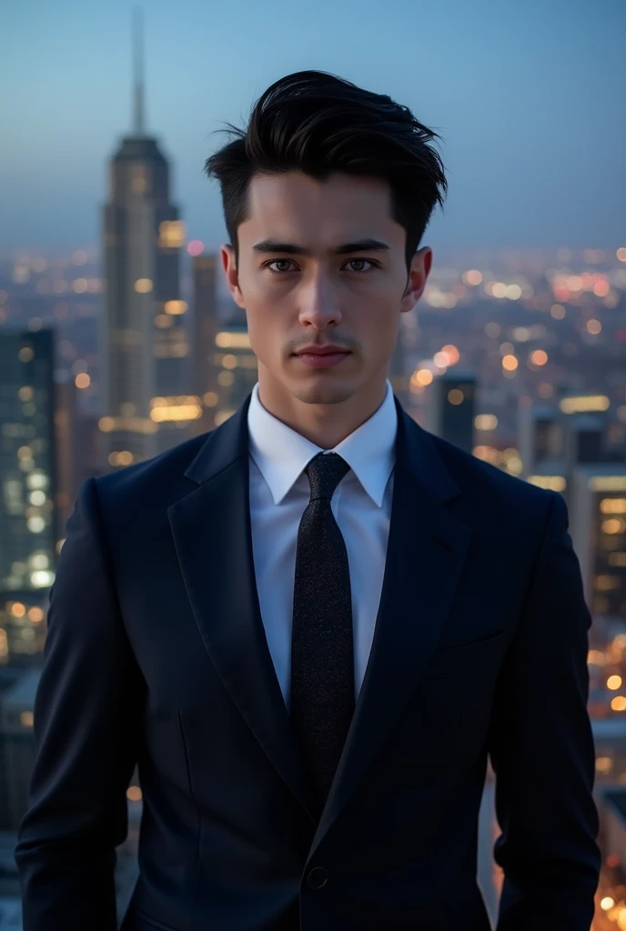 A handsome young man, black hair, blue eyes, with white skin, His serious expression and elegant attire 