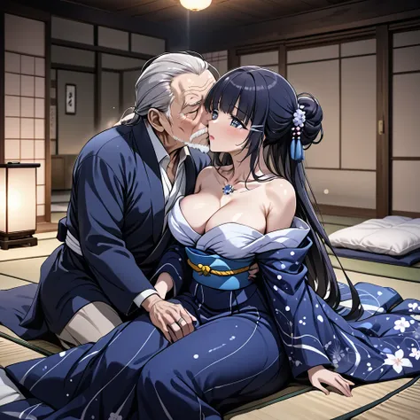 ((Highest quality)), ((masterpiece)), (detailed), （Perfect Face）、The woman is Aoki Reika, with midnight blue semi-long hair, wearing a luxurious and glittering kimono, her hair tied in a Japanese style, and she is wearing an engagement ring.、The woman is l...