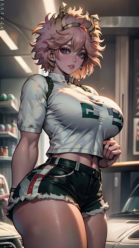 ((Masterpiece:1.5, best quality)), ((Mina Ashido from My Hero Academia)), beautiful face, (voluptuous), large_breast, ample hips, flaunting her incredibly detailed accentuated big booty, wearing cropped t-shirt and daisy dukes, thick_thighs, breathtaking d...