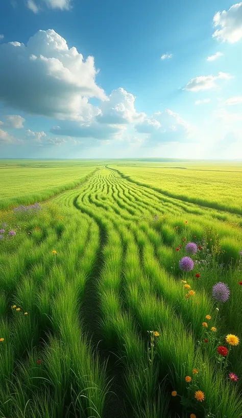 An overhead view of a vast prairie, captured directly from above as if by a drone. The view shows the tall grasses swaying in the wind, creating intricate patterns and waves across the landscape. The uniformity of the grass is interrupted only by occasiona...