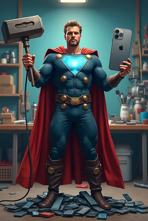 (Photorealism), (realistic) A humorous scene of a superhero-themed iPhone repairman standing in a repair shop. The repairman is dressed in a superhero outfit with a cape made of phone cables, holding a giant screwdriver like Thors hammer in one hand, and a...