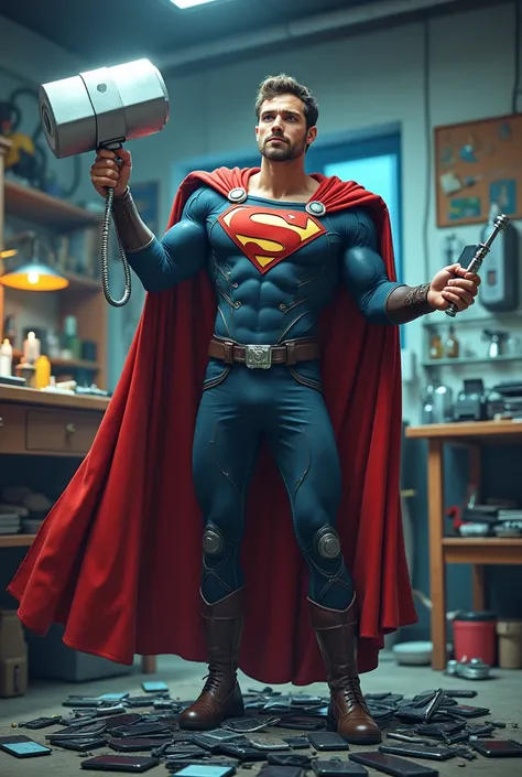 (Photorealism), (realistic) A humorous scene of a superhero-themed iPhone repairman standing in a repair shop. The repairman is dressed in a superhero outfit with a cape made of phone cables, holding a giant screwdriver like Thors hammer in one hand, and a...