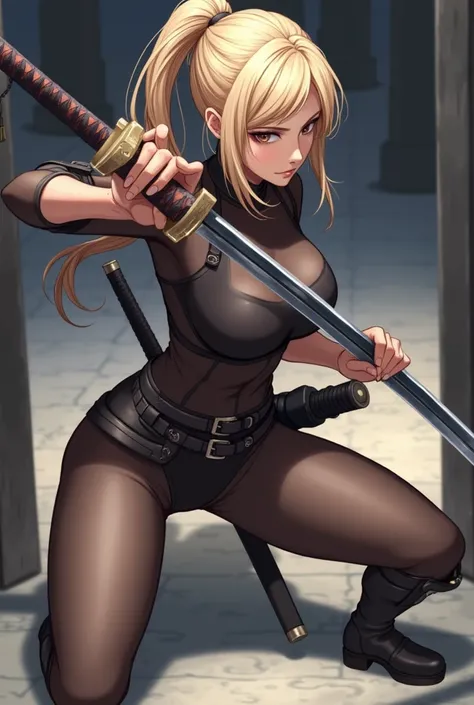 (masterpiece),(best quality),(high resolution),(Very detailed),8K,wallpaper,(Best Illustration),(A woman),(Blonde),(Ponytail:2.0),(Black high-leg tights),(Transparent tights),(combat boots shoes:2.0),(((Ready to fight,Wielding a Japanese sword:1.6,Draw you...