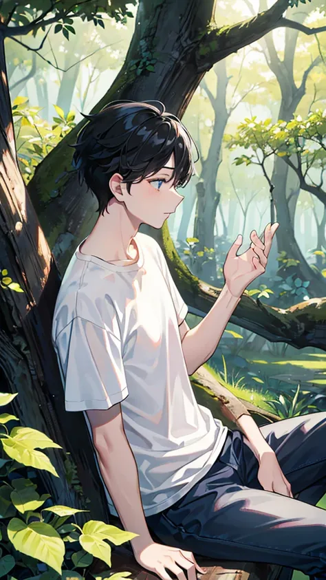 Highest quality、A young man sitting under a large tree.、profile、in the forest、Wearing a white T-shirt、Black Hair、1 male