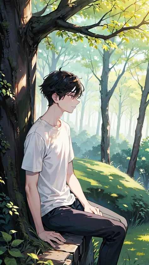 Highest quality、A young man sitting under a large tree.、profile、in the forest、Wearing a white T-shirt、Black Hair、1 male