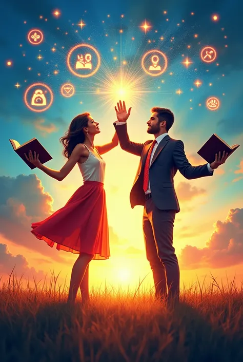 Hình ảnh chính: A man and a woman standing together, Each person holds a book and reaches out towards the symbols of development. (Business, family, society).
Colour: Use bright colors, Inspiring like blue and orange.
Key messages: "Equality in Education, ...